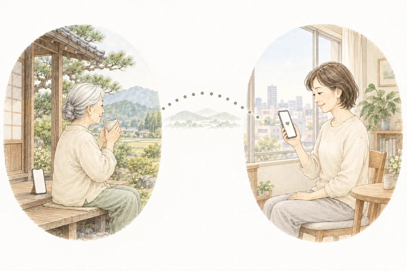 田舎の実家でお茶を飲むお母さんと、遠くの街でスマホを見て安心する娘のイラスト